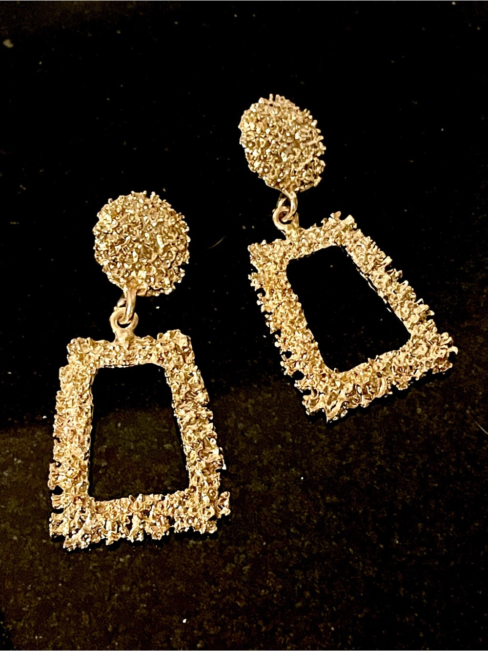 Large Textured Gold Open Rectangle Drop Earrings for Women - Picture 3 of 3